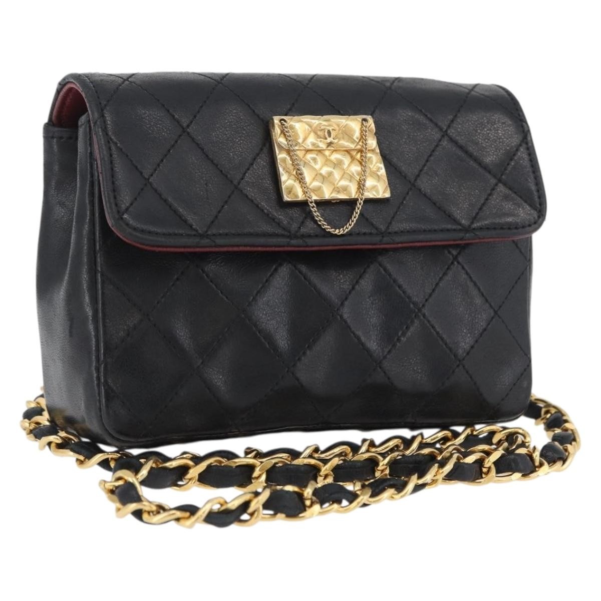 Chanel Vintage Square Cc Flap Quilted Lambskin Black Leather Shoulder Bag Bag (Pre-Owned)