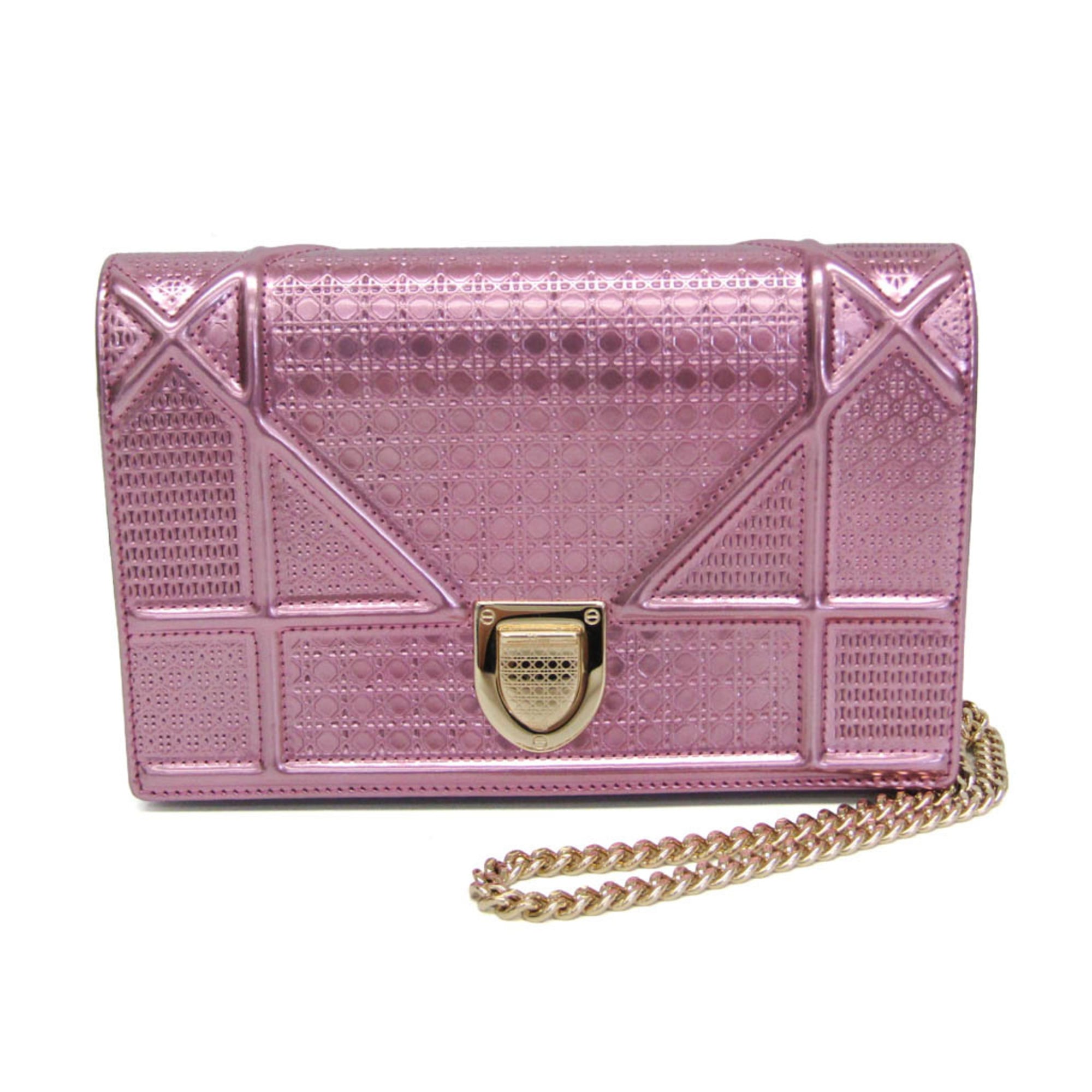 Christian Dior Diorama Wallet On Chain Metallic Distressed Calfskin Pink Patent_Leather Crossbody Bag Bag (Pre-Owned)