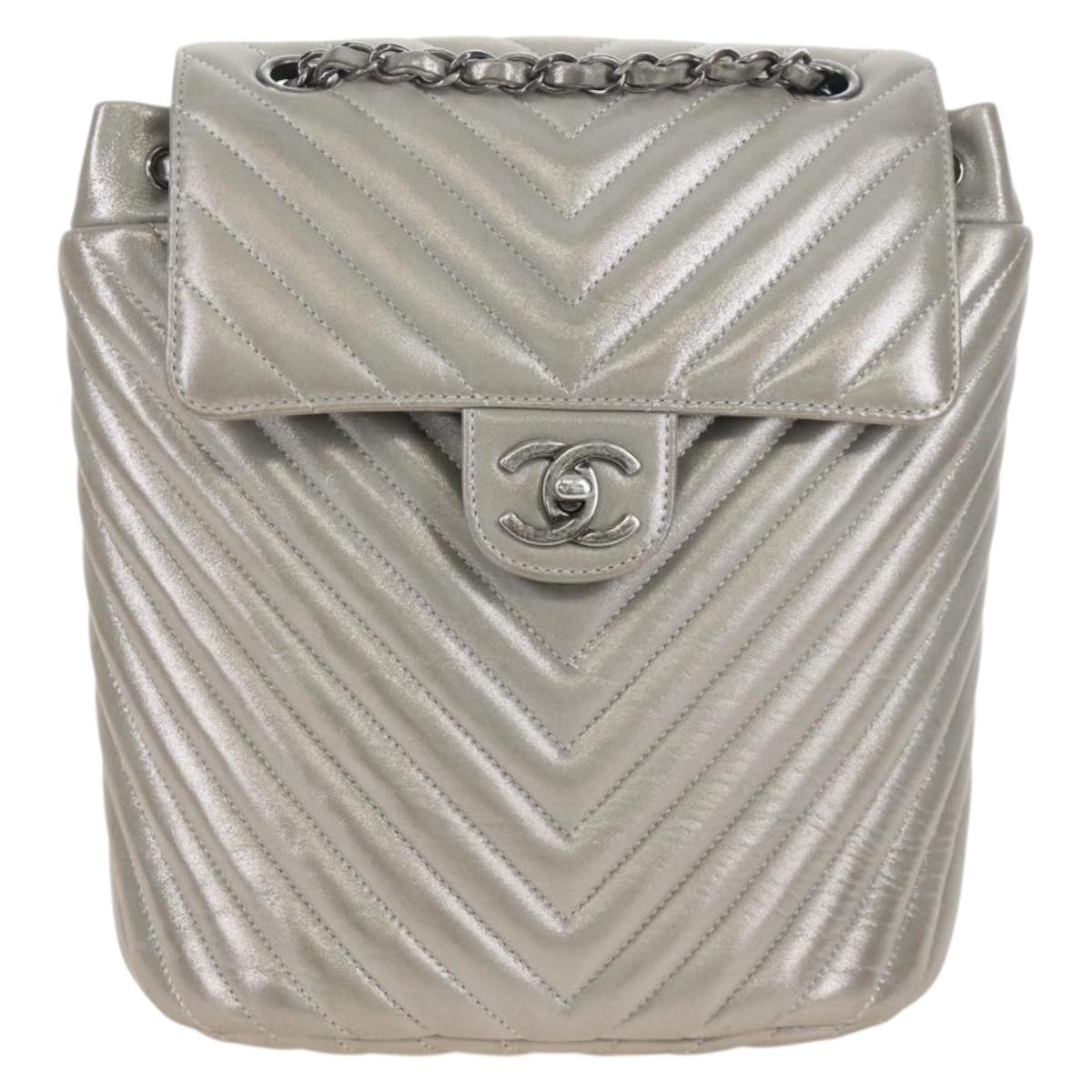 Chanel Urban Spirit Chevron Iridescent Calfskin Silver Leather Backpack Bag (Pre-Owned)