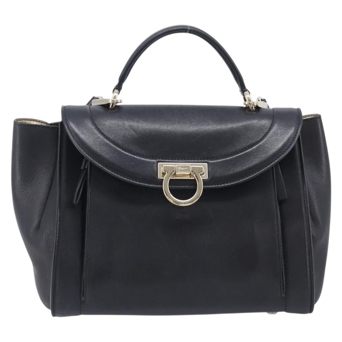 Salvatore Ferragamo Sofia Rainbow Saddle Leather Black Leather Handbag (Pre-Owned)