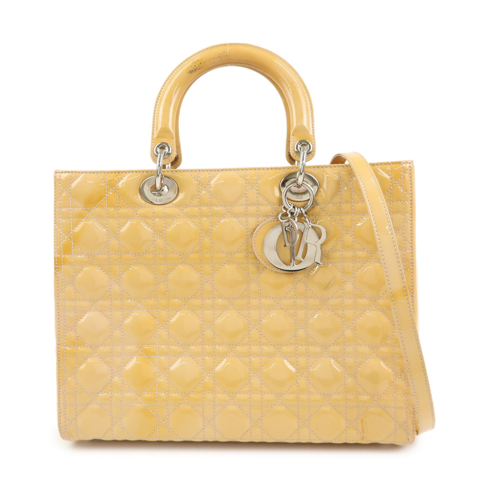 Christian Dior Vintage Lady Dior Cannage Quilt Patent Yellow Patent_Leather Handbag (Pre-Owned)