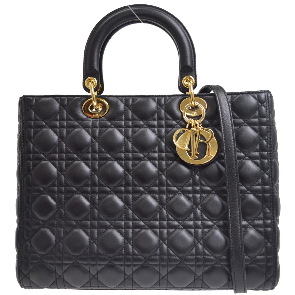 Christian Dior Vintage Lady Dior Cannage Quilt Lambskin Black Leather Handbag (Pre-Owned)