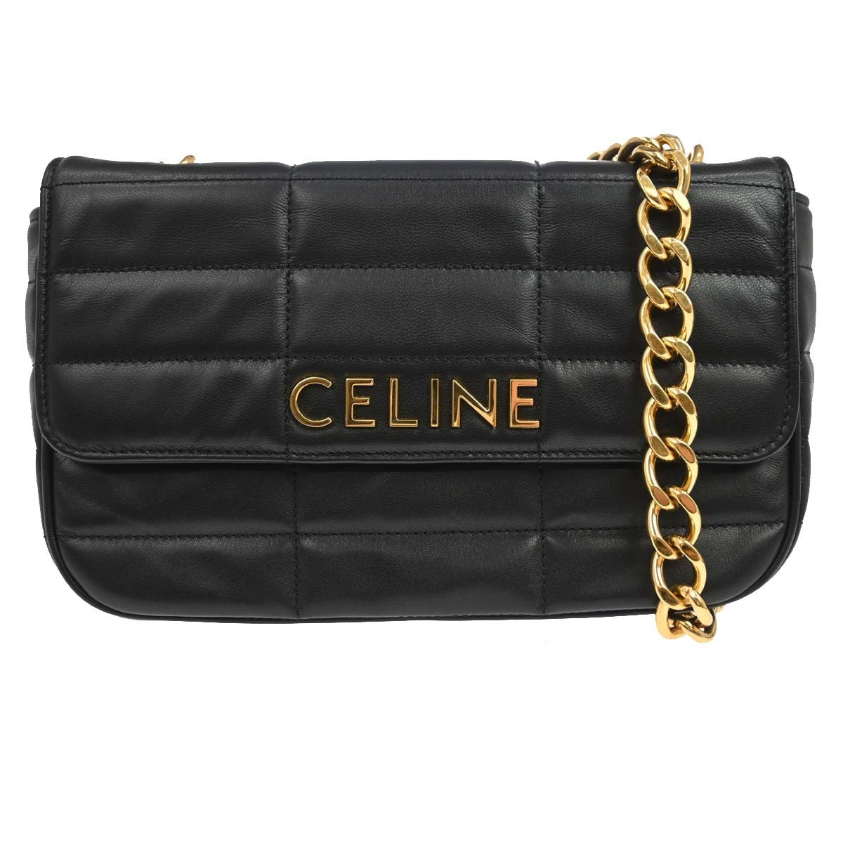 Celine Logo Chain Flap Quilted Goatskin Black Leather Handbag (Pre-Owned)