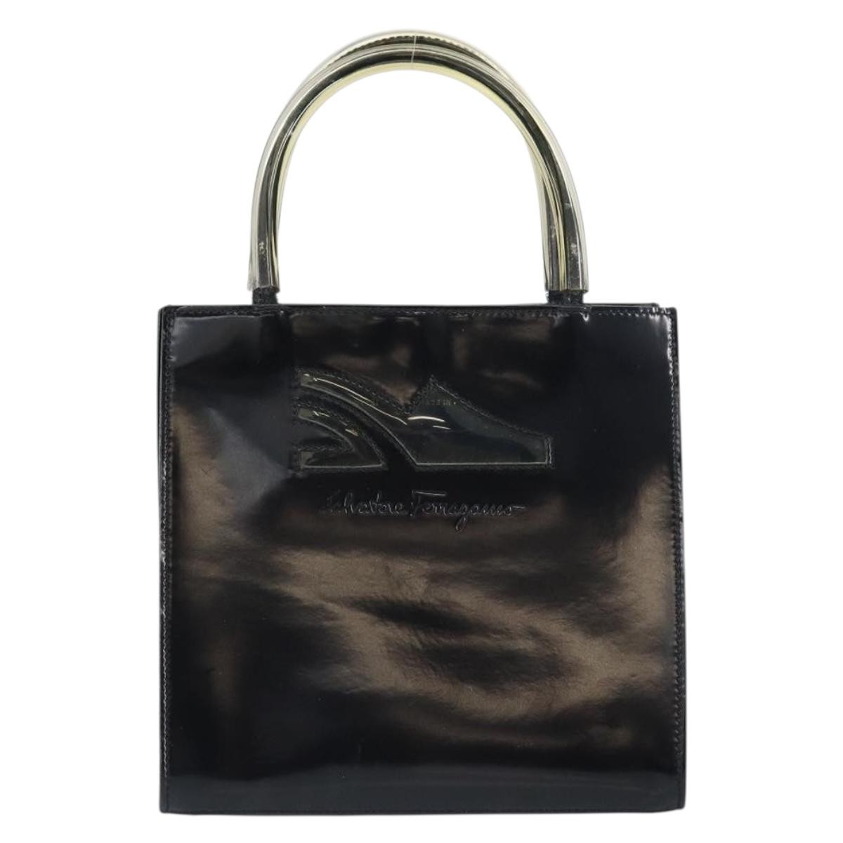 Salvatore Ferragamo Vintage Patent Leather Black Patent_Leather Handbag (Pre-Owned)