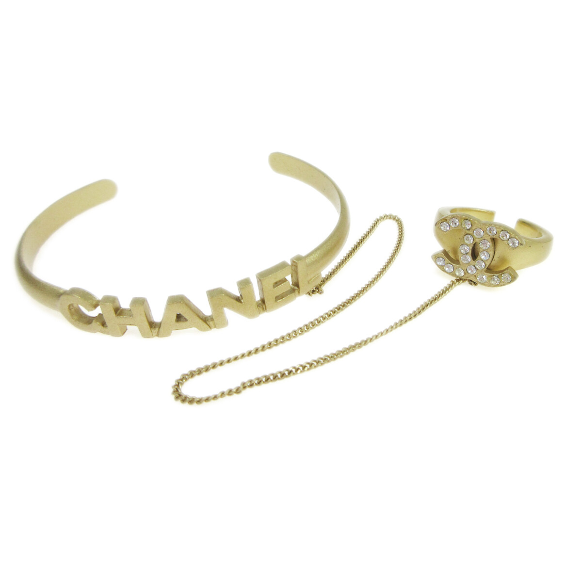 Chanel Logo Cuff With Cc Metal With Crystal Gold Gold Ring Jewelry (Pre-Owned)
