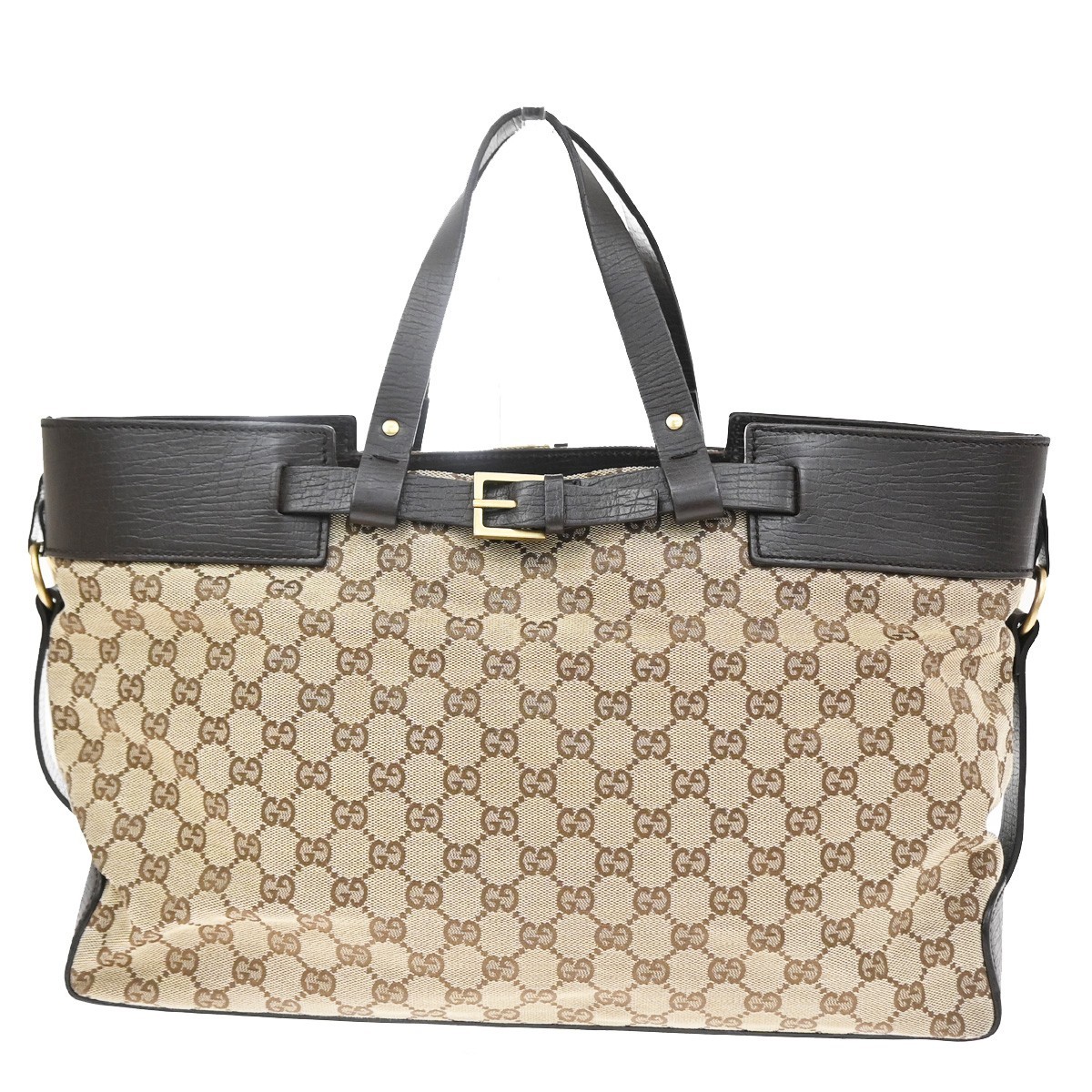 Gucci Belted Bucket Gg Canvas With Leather Brown Canvas Tote Bag Bag (Pre-Owned)