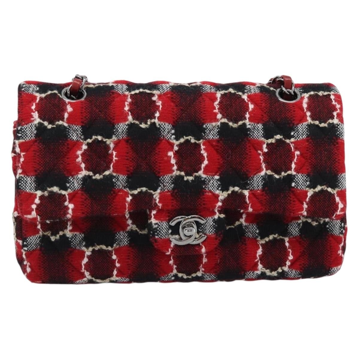 Chanel Classic Timeless Double Flap Quilted Tweed Red Tweed Handbag (Pre-Owned)