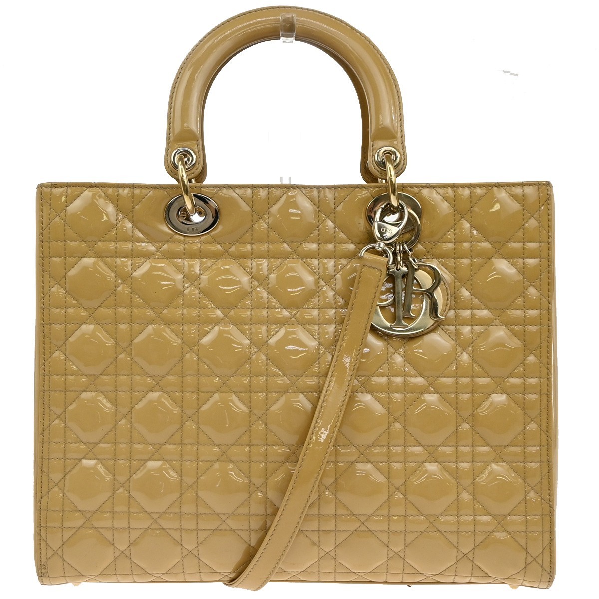 Christian Dior Lady Dior Cannage Quilt Leather Yellow Patent_Leather Handbag (Pre-Owned)