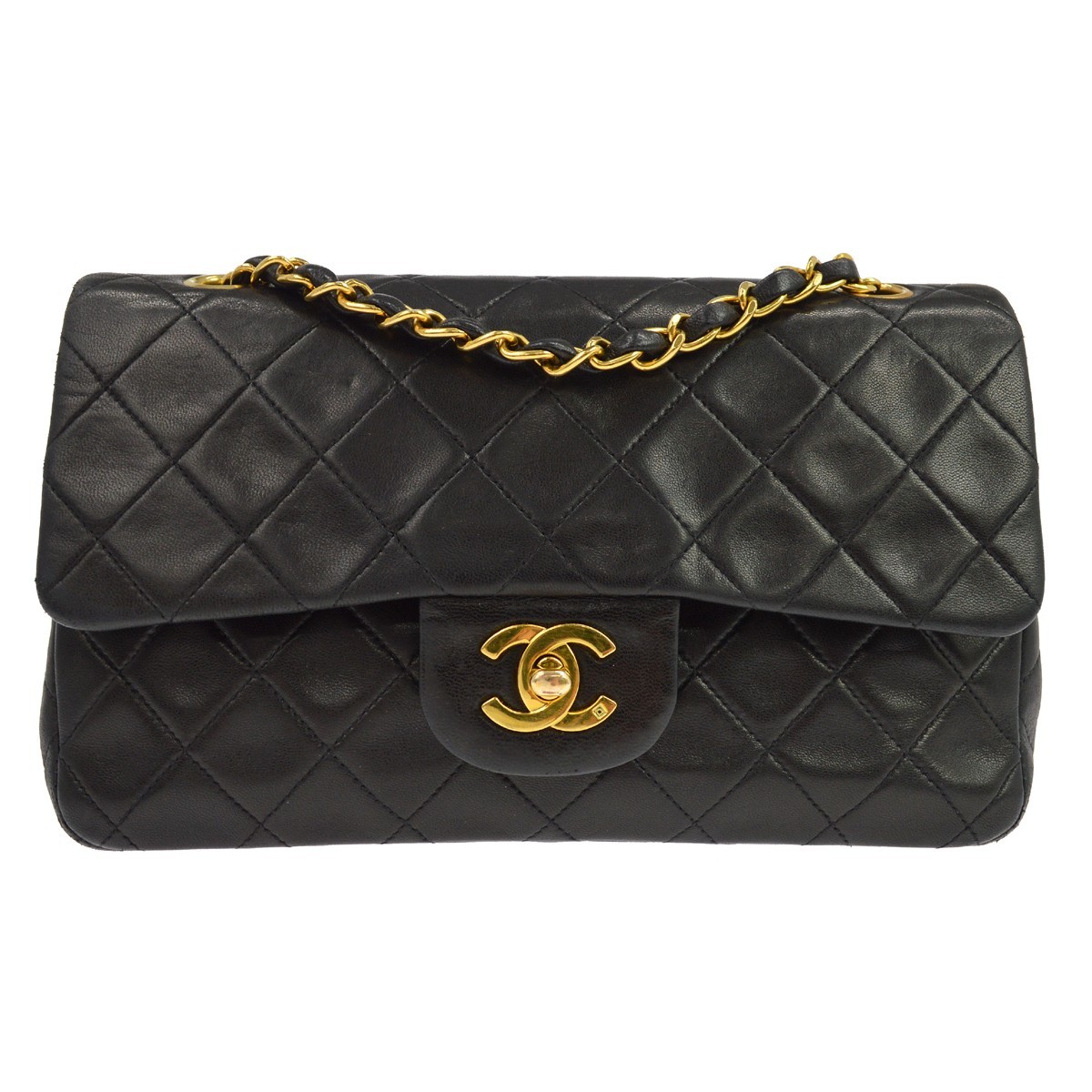 Chanel Vintage Classic Double Flap Quilted Lambskin Black Leather Shoulder Bag Bag (Pre-Owned)