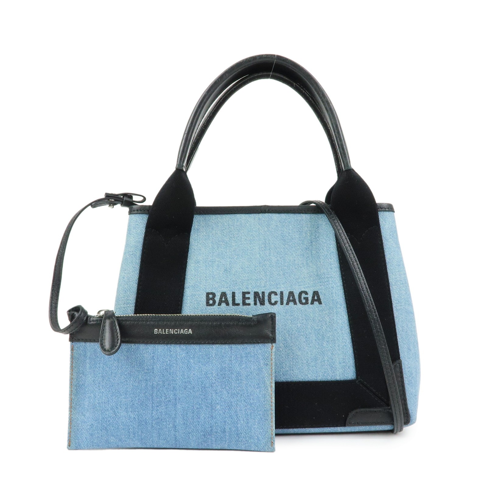 Balenciaga Navy Cabas Coated Denim With Leather Blue Pvc Tote Bag Bag (Pre-Owned)