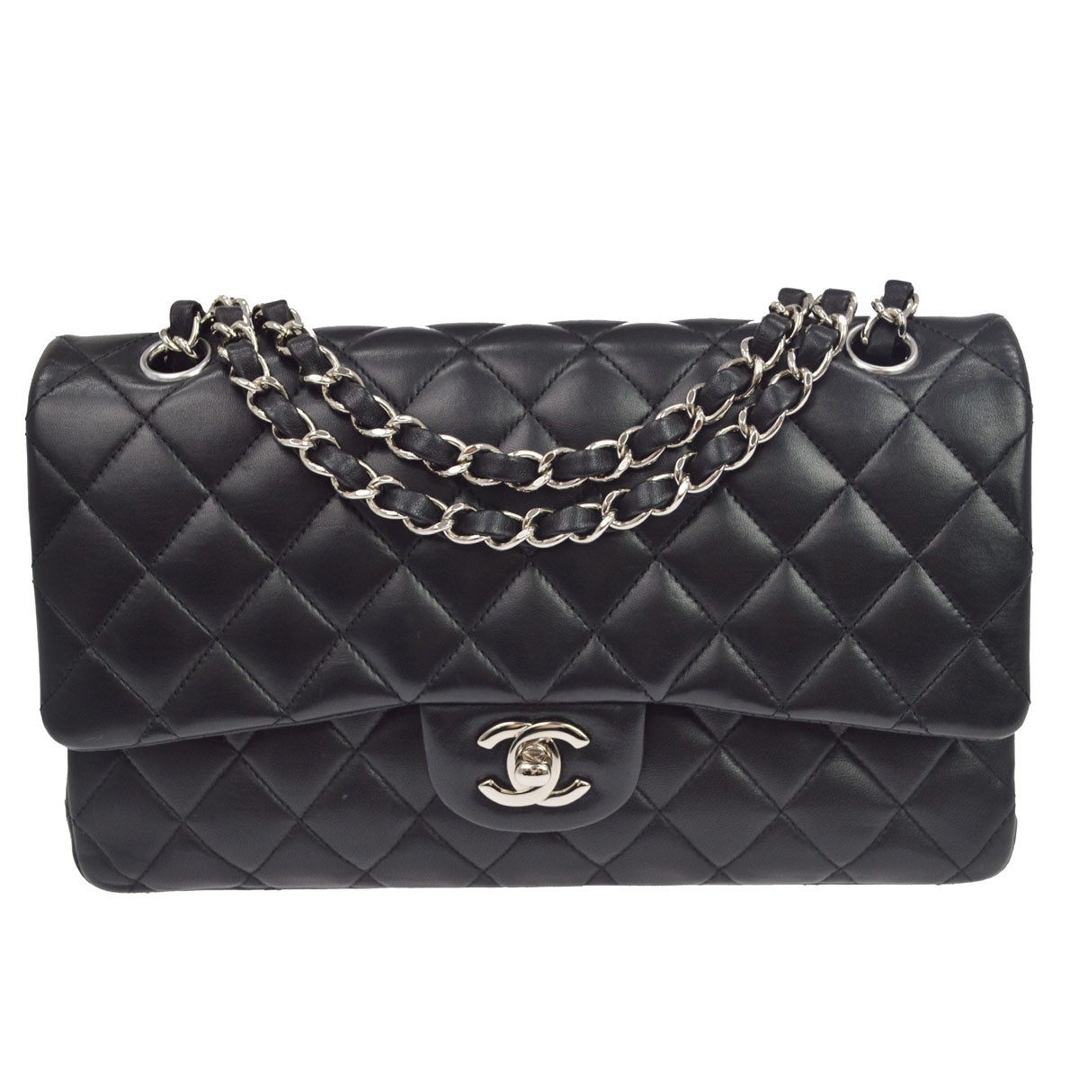 Chanel Classic Timeless Double Flap Quilted Lambskin Black Leather Handbag (Pre-Owned)