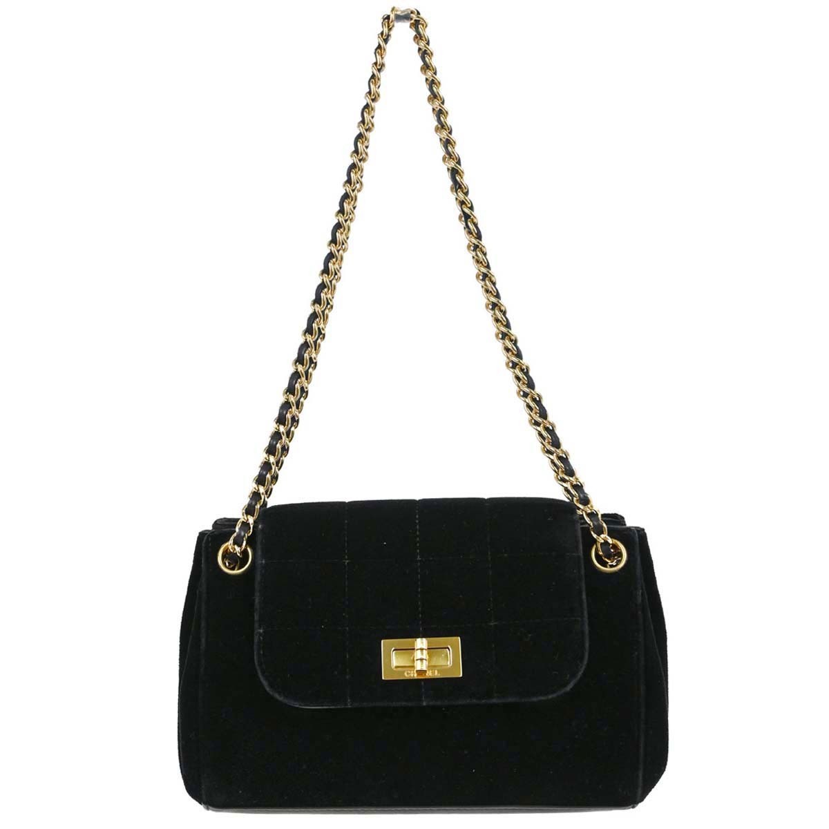 Chanel Chocolate Bar Mademoiselle Lock Chain Quilted Velvet Black Velvet Shoulder Bag Bag (Pre-Owned)
