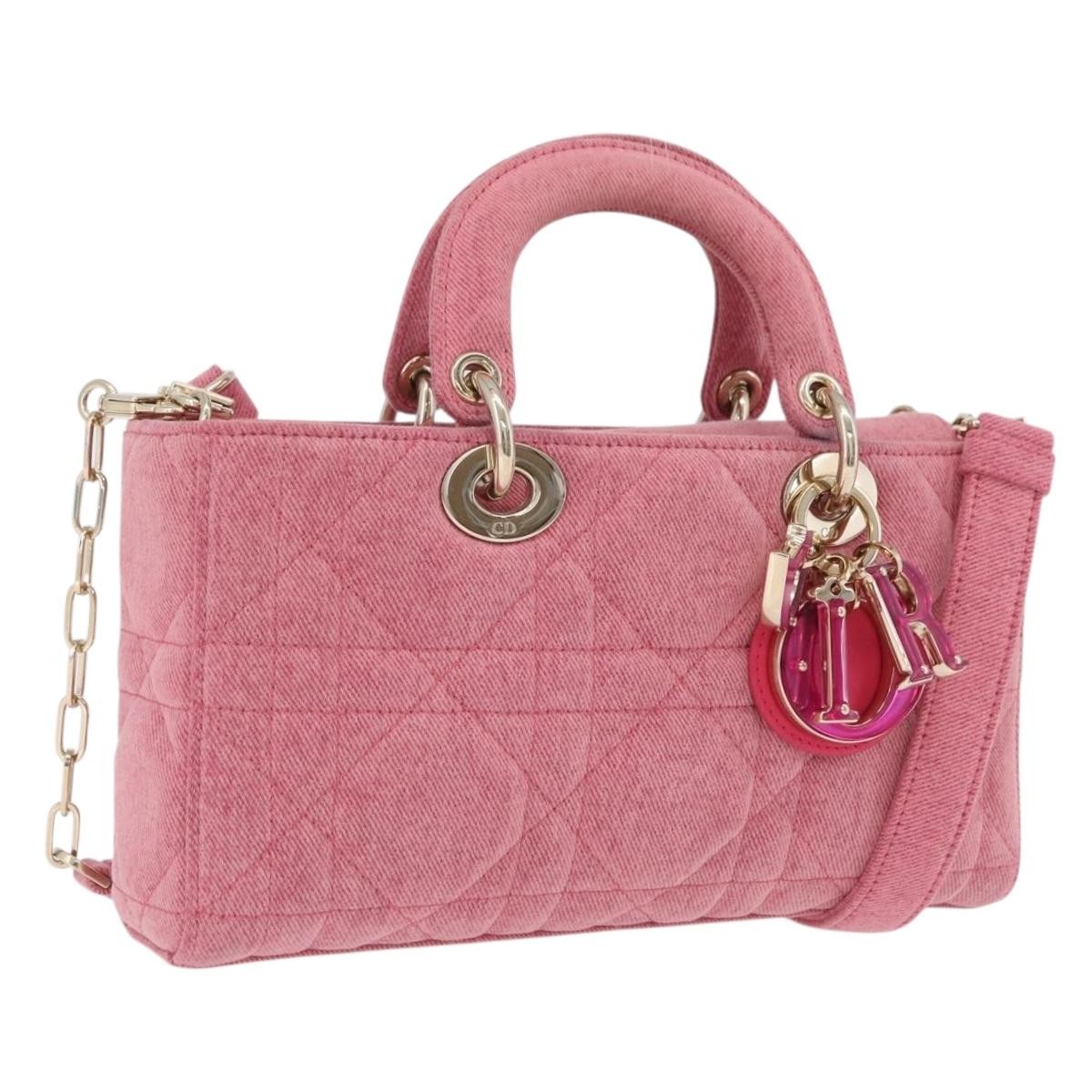 Christian Dior Lady D-Joy Macrocannage Quilt Denim Pink Canvas Handbag (Pre-Owned)