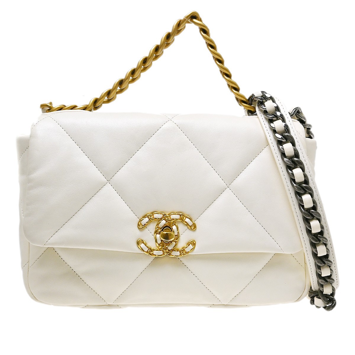 Chanel 19 Flap Quilted Leather White Calfskin Handbag (Pre-Owned)
