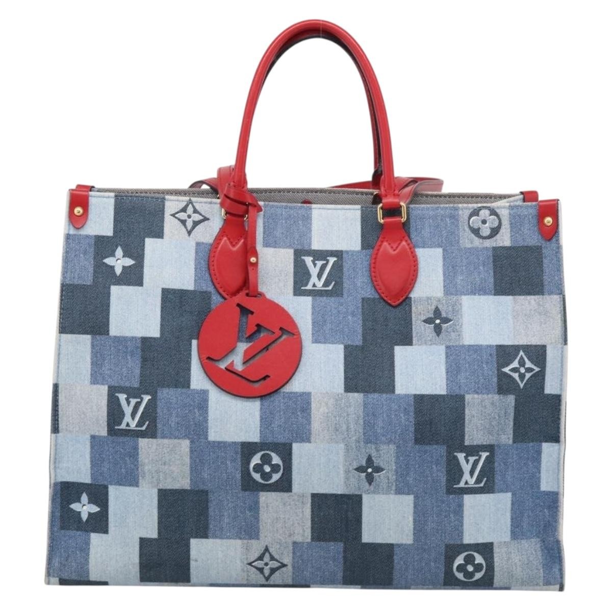 Louis Vuitton Onthego Damier And Monogram Patchwork Denim Blue Denim_Jeans Tote Bag Bag (Pre-Owned)