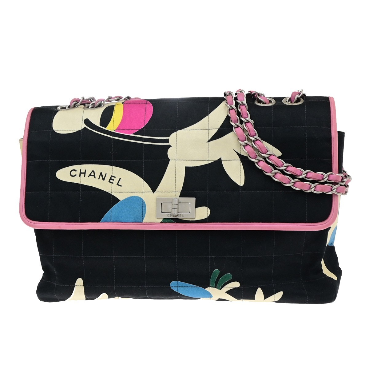 Chanel Vintage Chocolate Bar Mademoiselle Multipocket Flap Quilted Printed Canvas Black Canvas Shoulder Bag Bag (Pre-Owned)