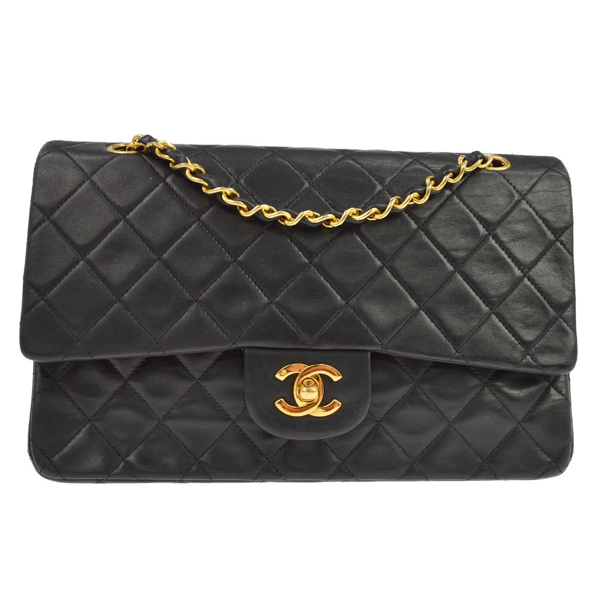 Chanel Vintage Classic Double Flap Quilted Lambskin Black Leather Handbag (Pre-Owned)