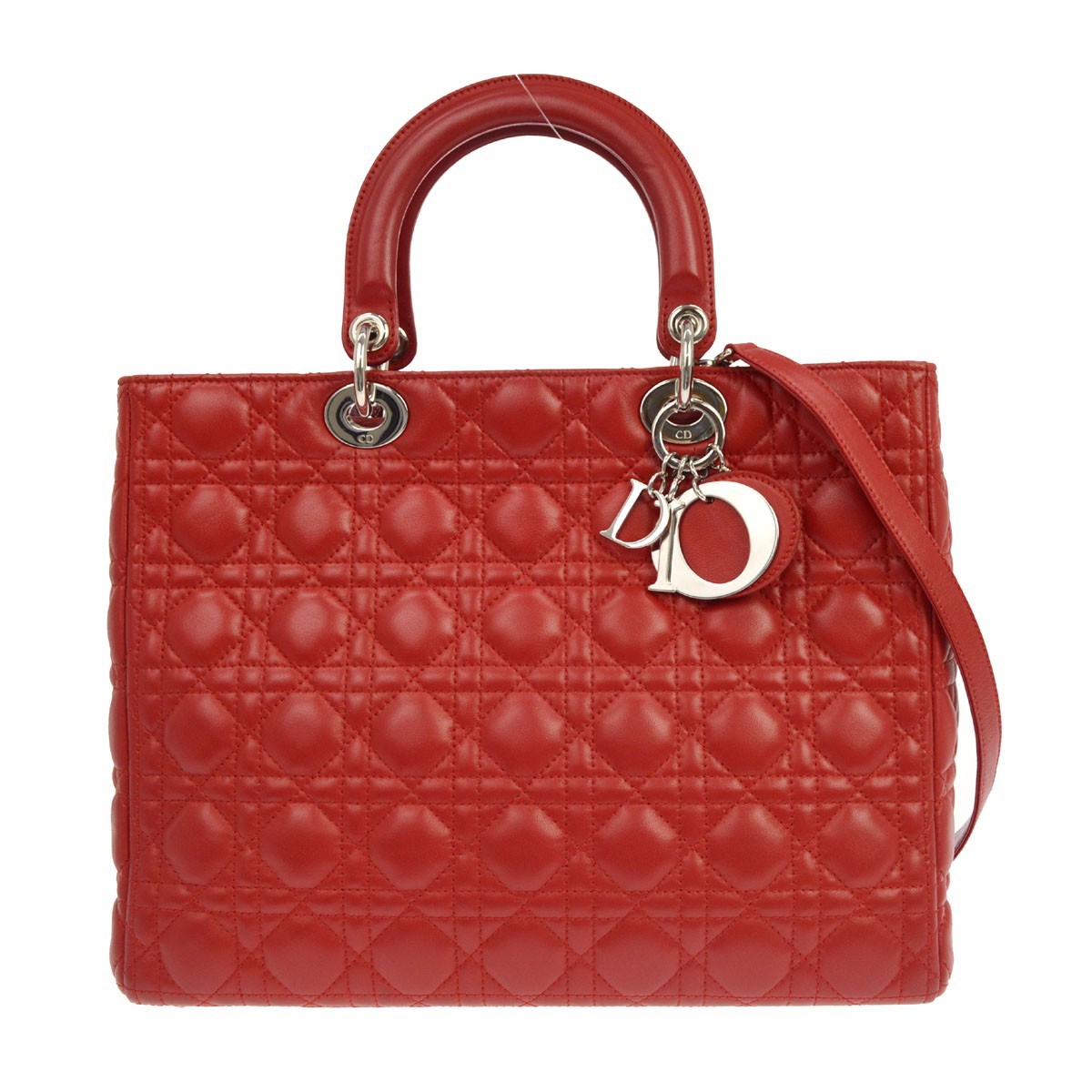 Christian Dior Lady Dior Cannage Quilt Lambskin Red Leather Handbag (Pre-Owned)