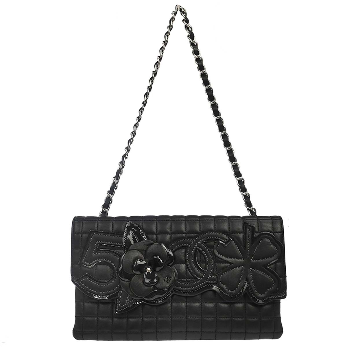 Chanel Camellia No.5 Chain Flap Quilted Lambskin Black Leather Handbag (Pre-Owned)