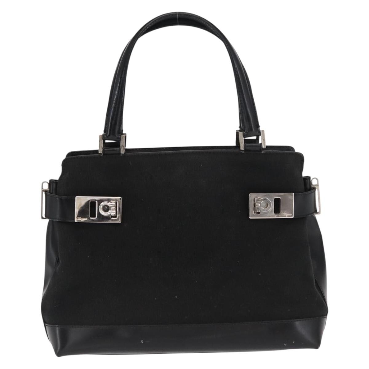 Salvatore Ferragamo Double Gancini Side Buckle Canvas Black Canvas Handbag (Pre-Owned)