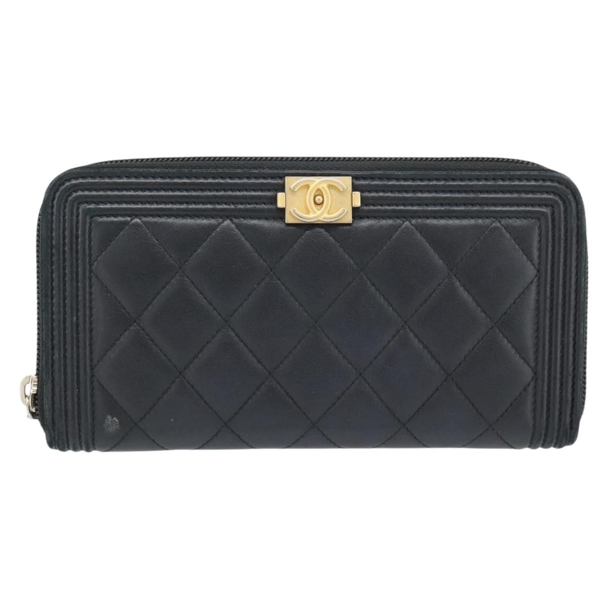 Chanel Boy Zip Around Organizer Quilted Lambskin Black Leather Wallets Accessory (Pre-Owned)