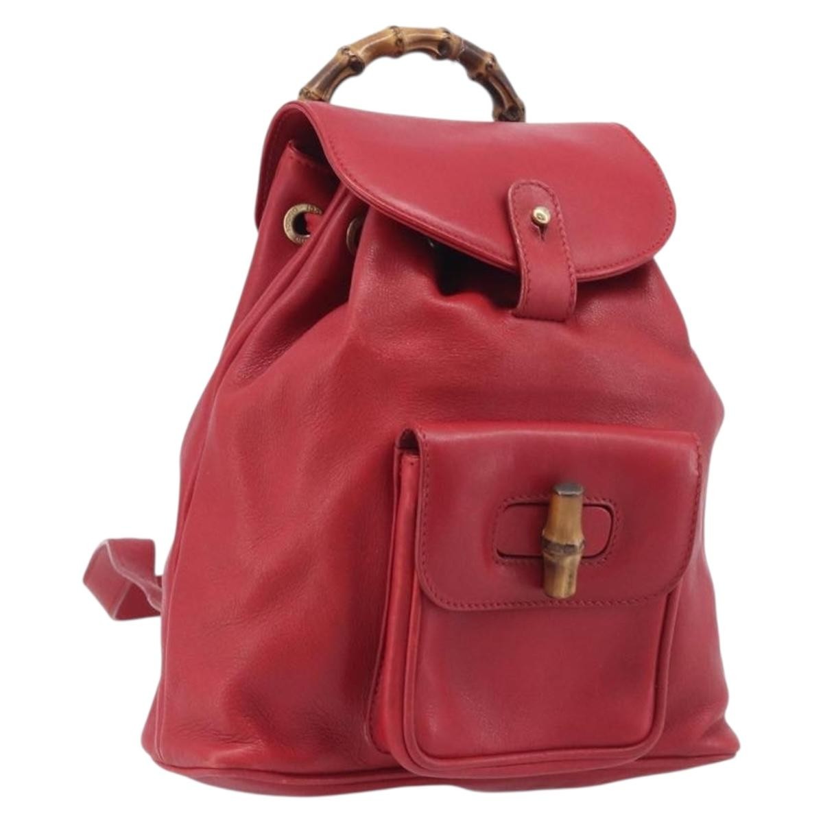 Gucci Vintage Bamboo Leather Red Leather Backpack Bag (Pre-Owned)
