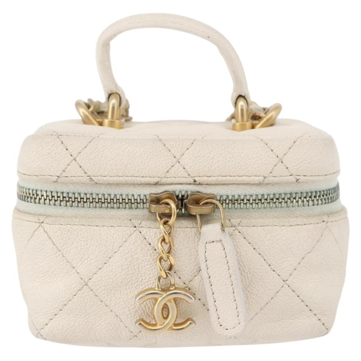 Chanel Top Handle Zip Around Vanity Case With Chain Quilted Caviar White Leather Crossbody Bag Bag (Pre-Owned)