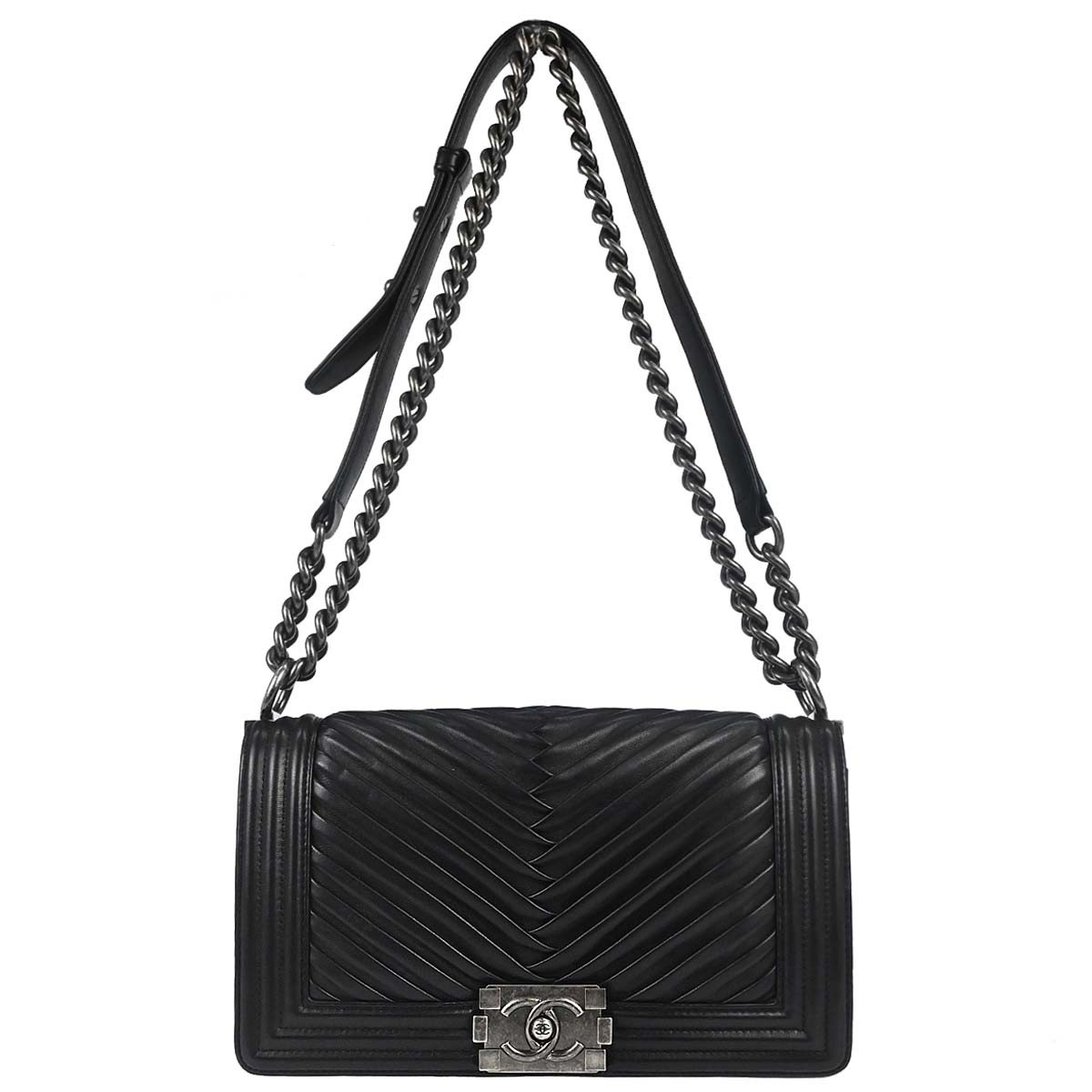 Chanel Boy Chanel Quilted Lambskin Black Leather Shoulder Bag Bag (Pre-Owned)