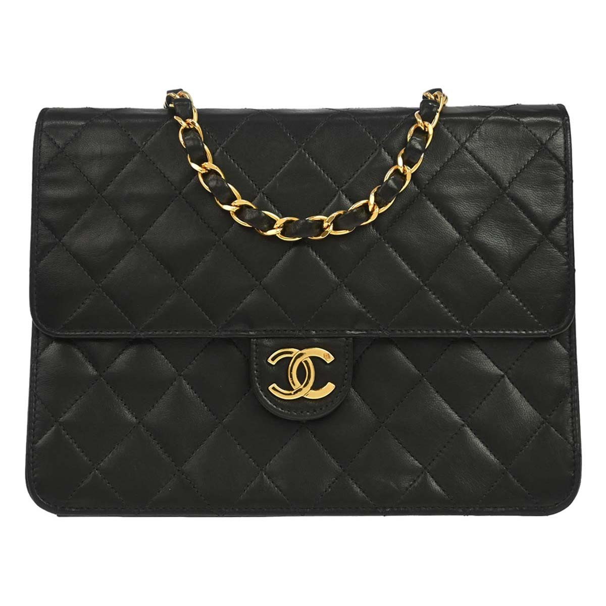 Chanel Vintage Classic Flap Quilted Lambskin Black Leather Shoulder Bag Bag (Pre-Owned)