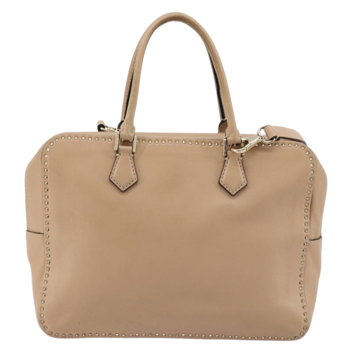 Valentino Garavani Convertible Zip Satchel Leather With Micro Rockstuds Beige Leather Handbag (Pre-Owned)