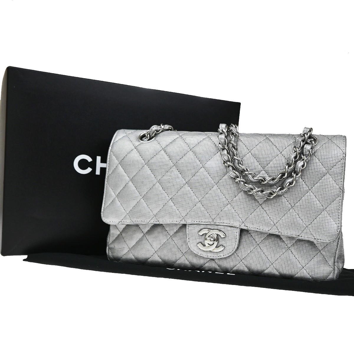 Chanel Classic Timeless Double Flap Pixel Effect Quilted Calfskin Silver Leather Handbag (Pre-Owned)