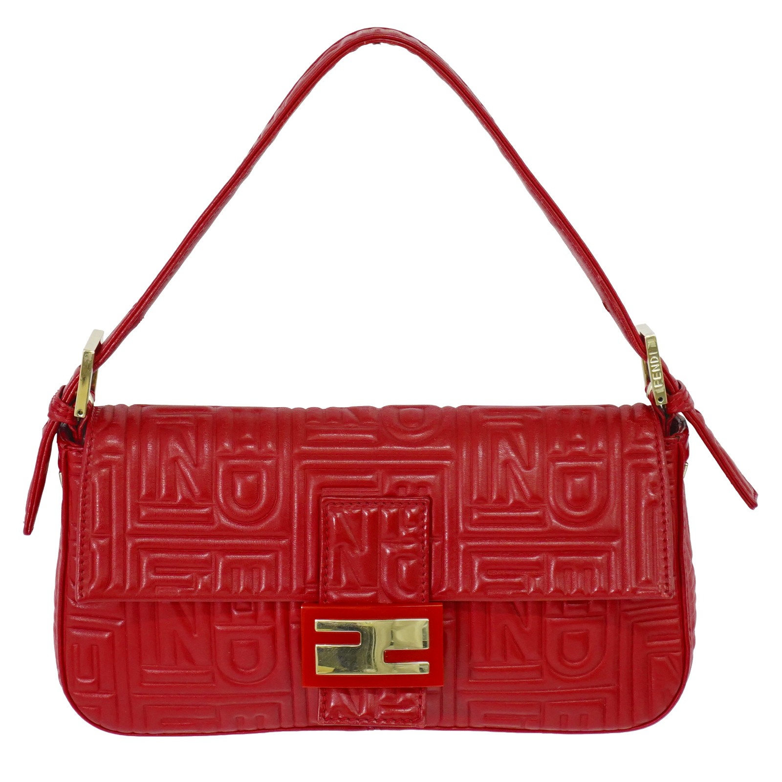 Fendi Mamma Baguette Zucca Jacquard Velvet Red Leather Handbag (Pre-Owned)