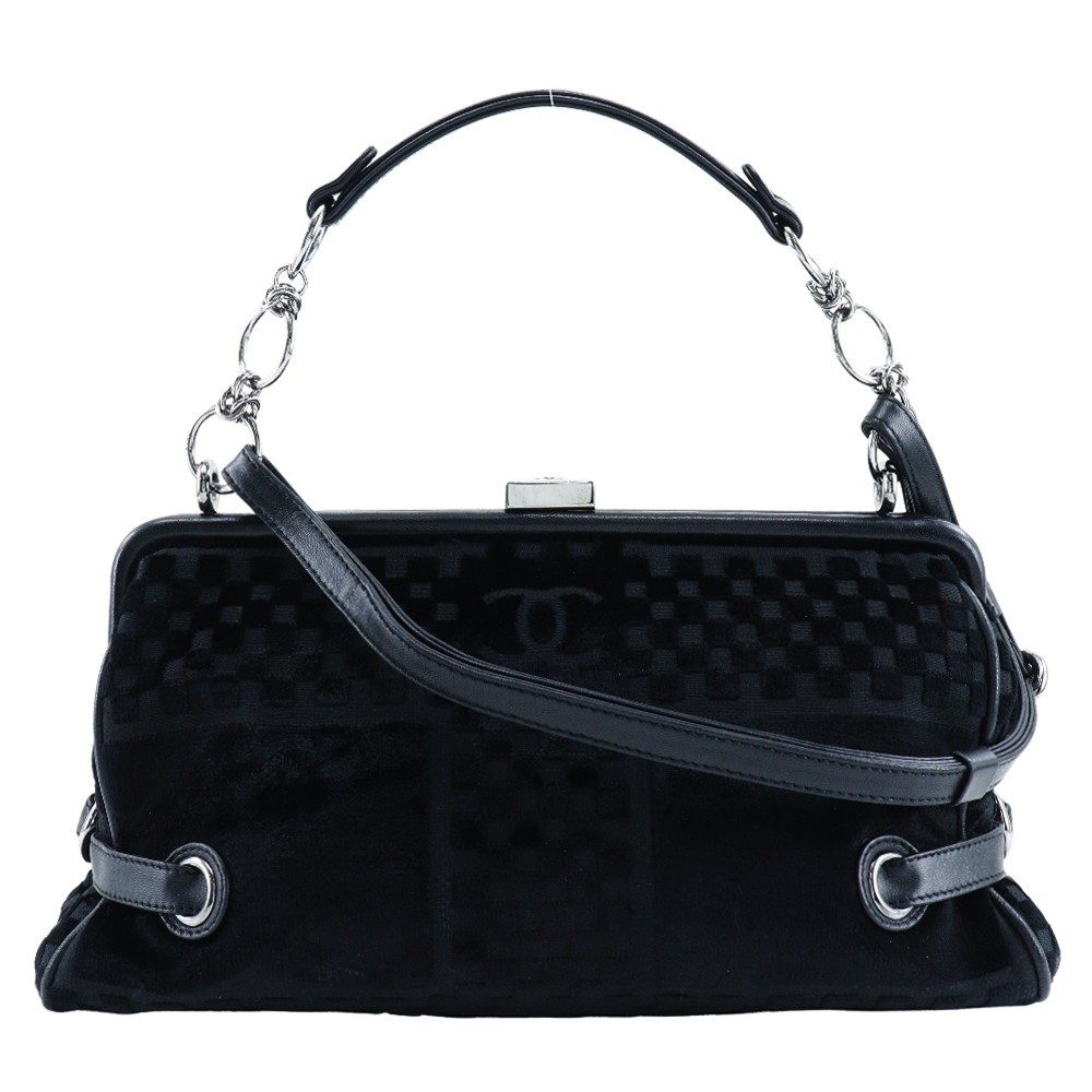 Chanel Vintage Cc Side Belted Bowler Check Embossed Velvet Black Velvet Handbag (Pre-Owned)