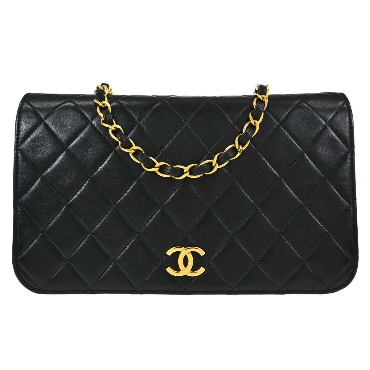 Chanel Vintage Full Flap Quilted Lambskin Black Leather Shoulder Bag Bag (Pre-Owned)