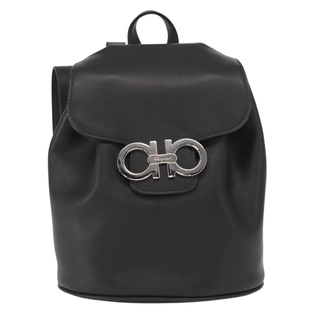 Salvatore Ferragamo Gancini Flap Drawstring Leather Black Leather Backpack Bag (Pre-Owned)