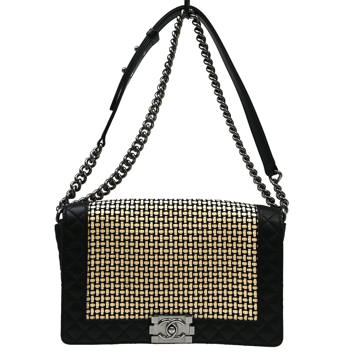 Chanel Reverso Boy Flap Woven Calfskin Black Leather Handbag (Pre-Owned)