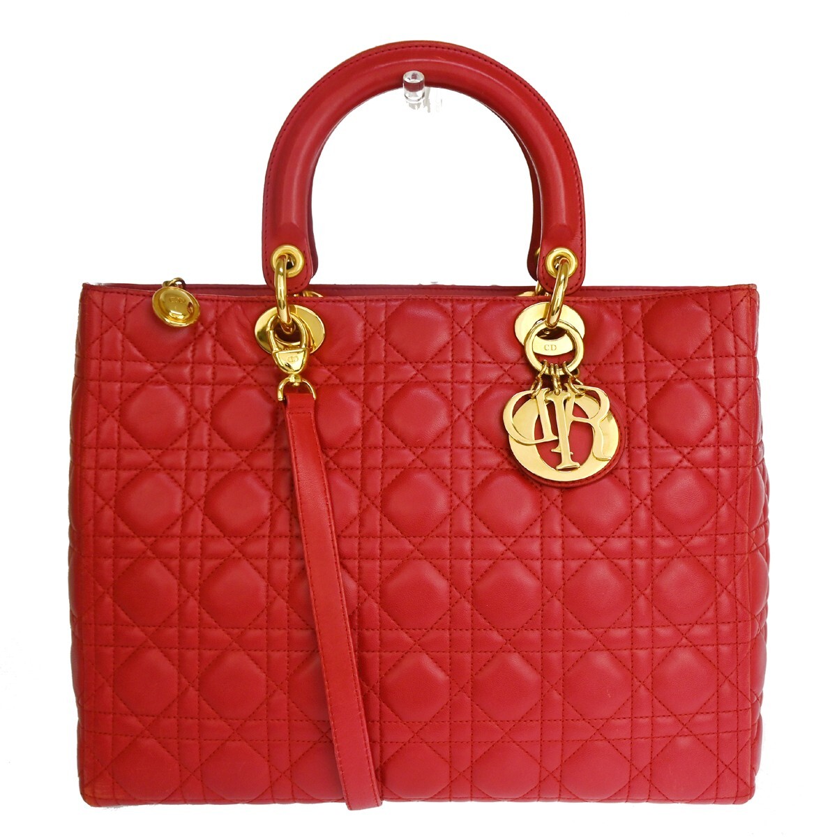 Christian Dior Vintage Lady Dior Cannage Quilt Lambskin Red Leather Handbag (Pre-Owned)