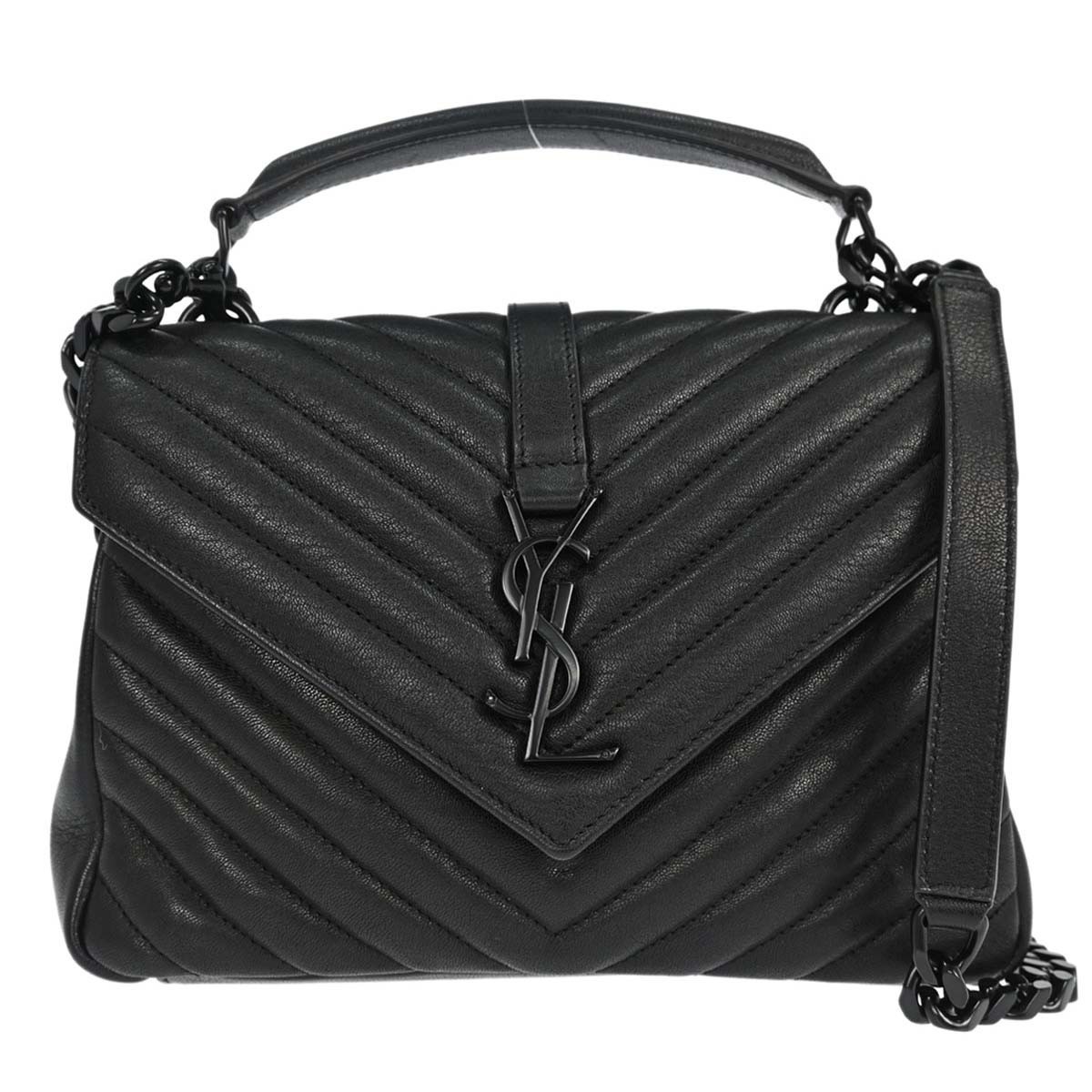 Saint Laurent Classic Monogram College Matelasse Chevron Leather Black Leather Handbag (Pre-Owned)