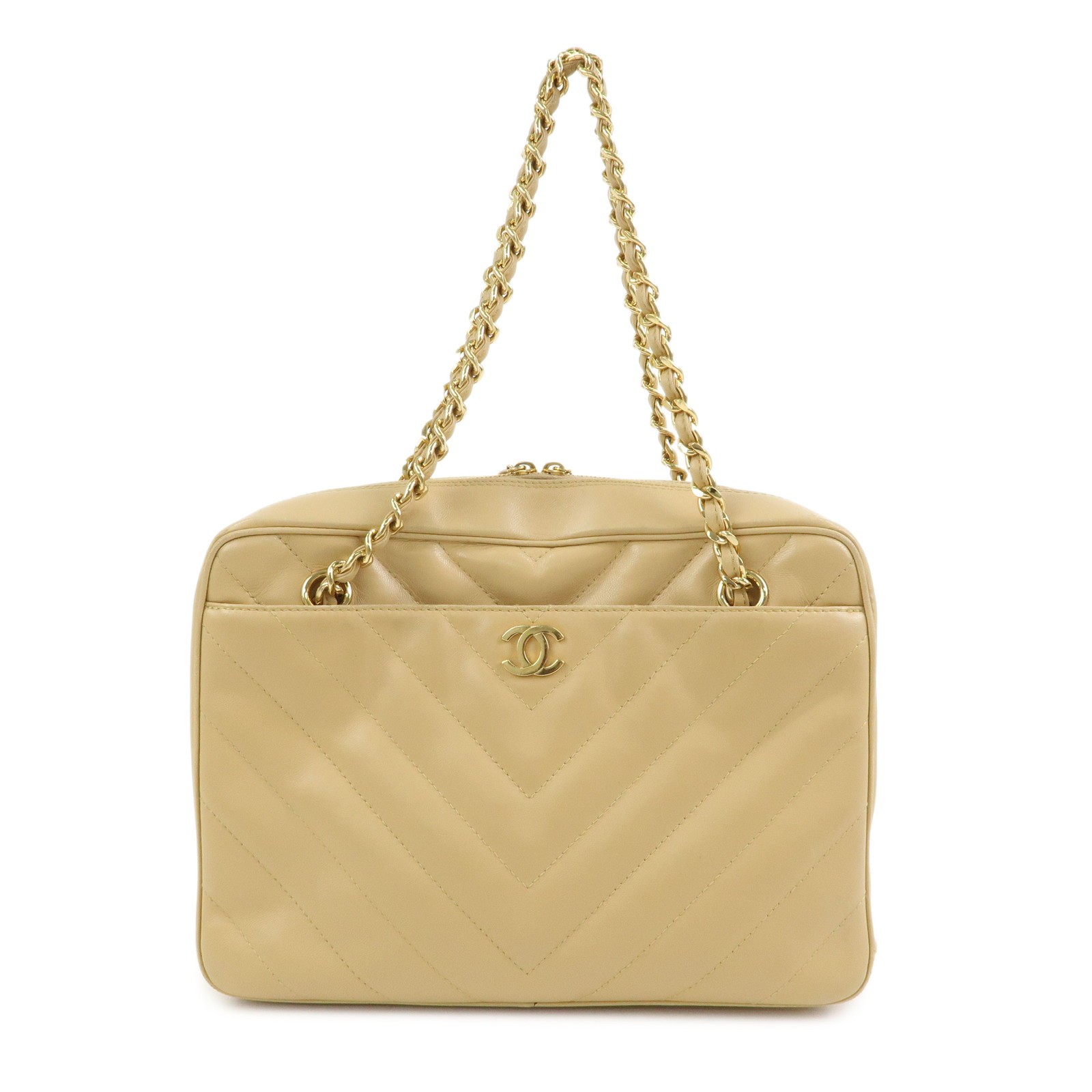 Chanel Vintage Pocket Camera Chevron Lambskin Beige Leather Handbag (Pre-Owned)
