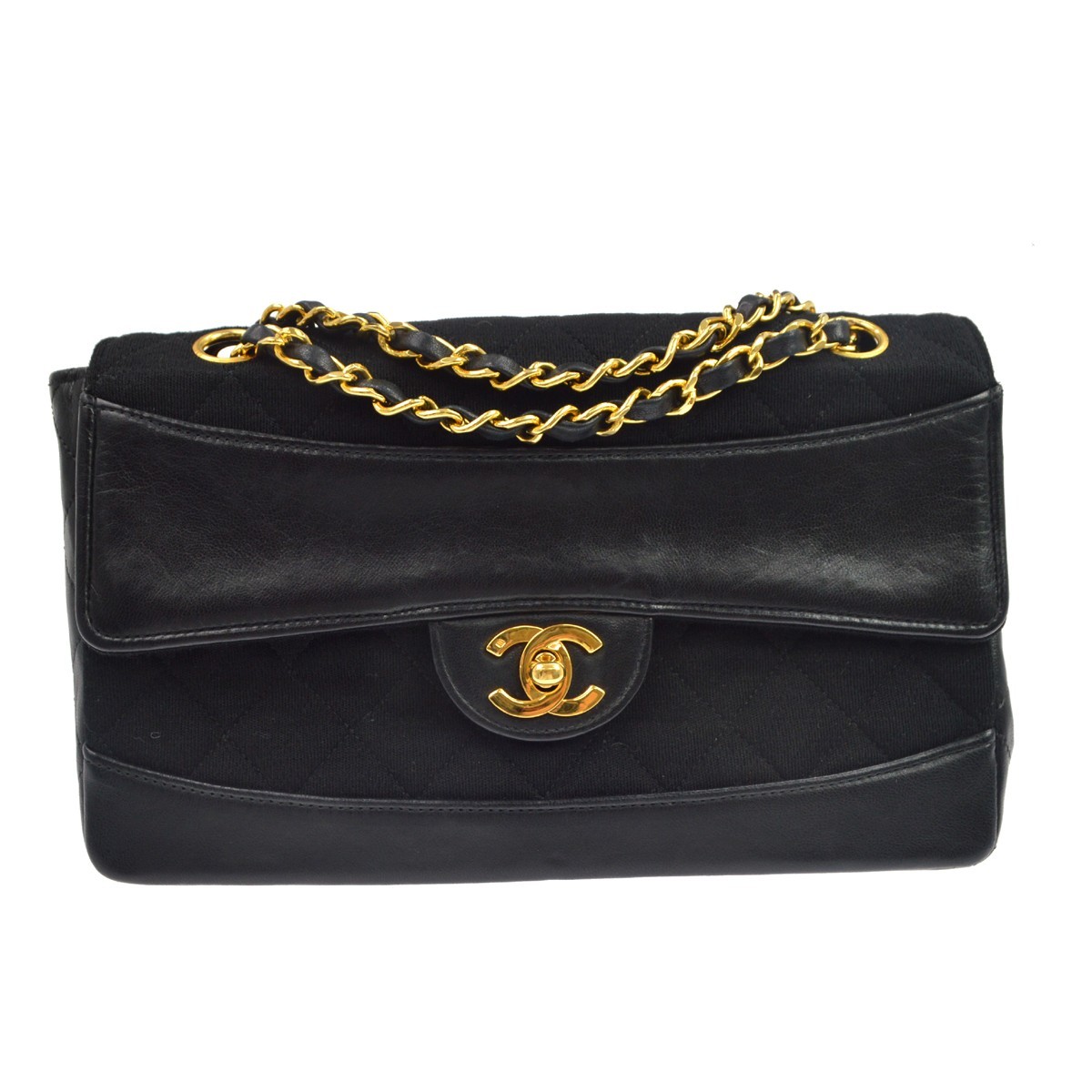 Chanel Vintage Cc Chain Flap Quilted Jersey And Lambskin Black Leather Handbag (Pre-Owned)