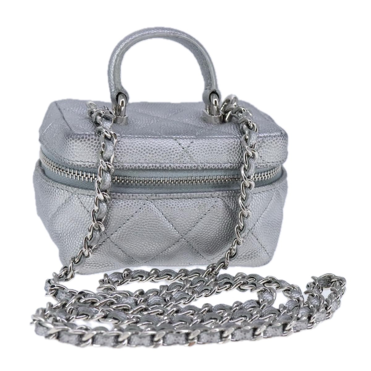 Chanel Classic Vanity Case With Chain Quilted Caviar Silver Leather Crossbody Bag Bag (Pre-Owned)