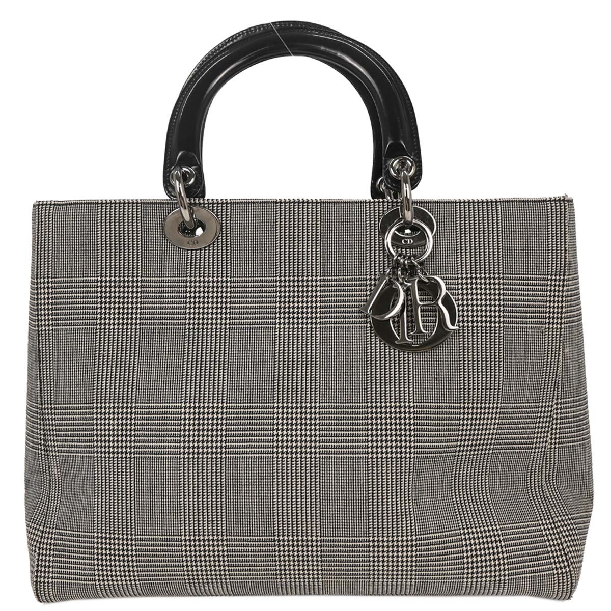 Christian Dior Vintage Lady Dior Houndstooth Canvas Black Canvas Handbag (Pre-Owned)