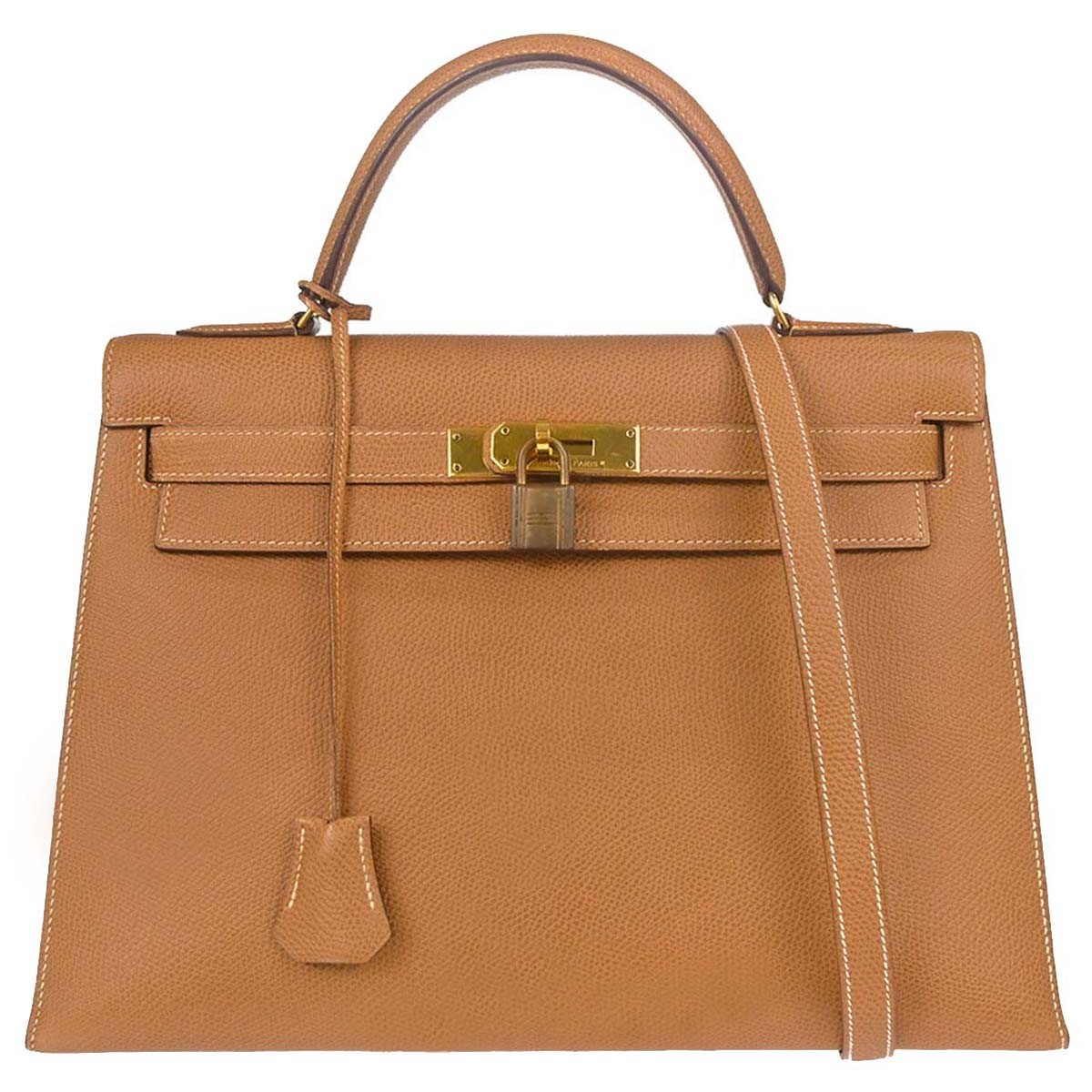 Hermes Kelly Brown Courchevel With Gold Hardware Beige Calfskin Handbag (Pre-Owned)