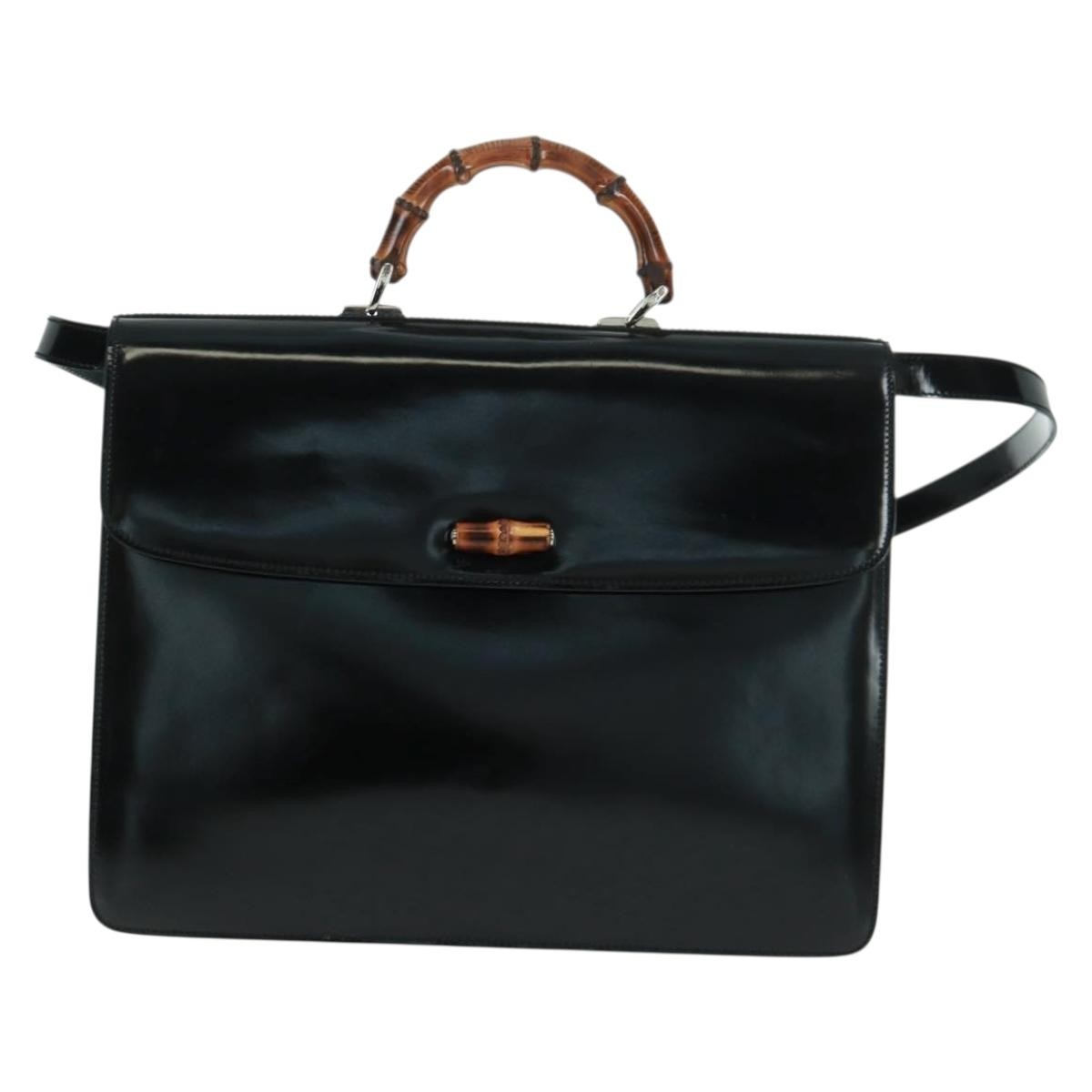 Gucci Vintage Bamboo Handle Gg Nylon Black Patent_Leather Tote Bag Bag (Pre-Owned)