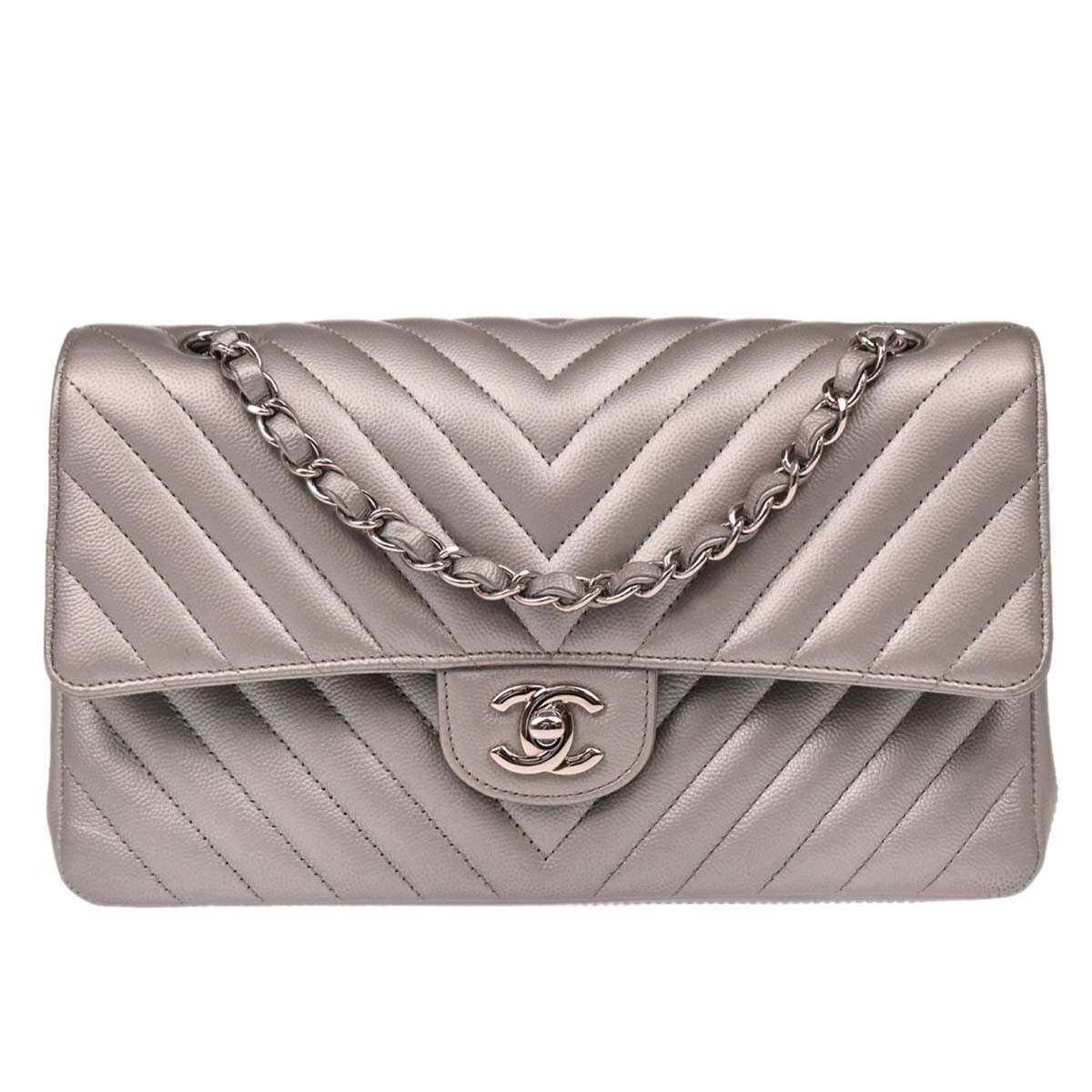 Chanel Timeless - Classic Double Flap Leather Silver Calfskin Handbag (Pre-Owned)