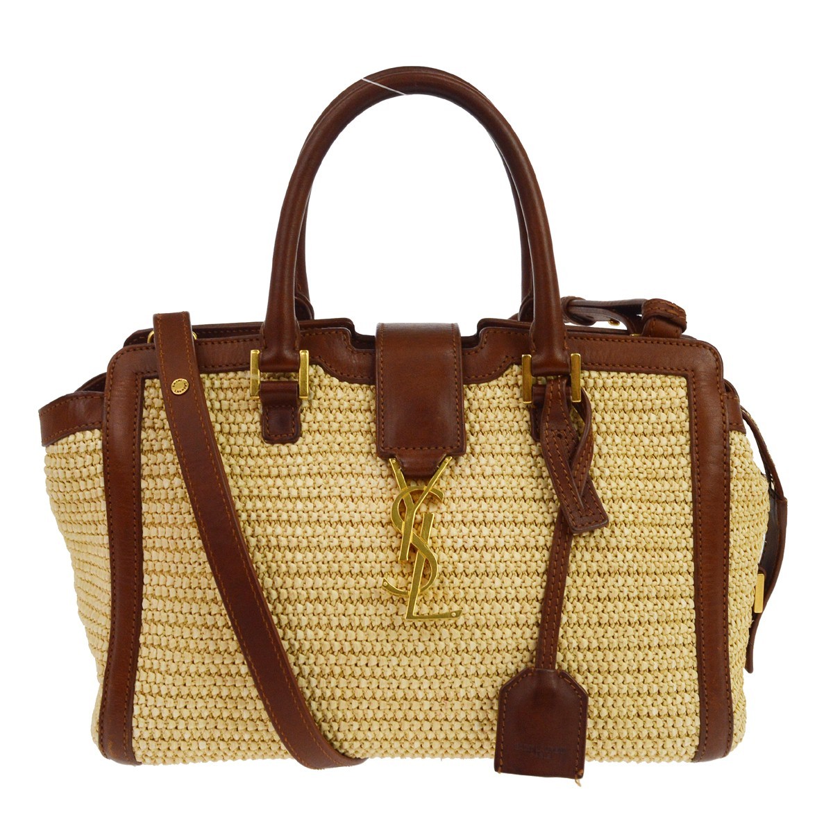 Saint Laurent Monogram Cabas Downtown Straw Beige Leather Tote Bag Bag (Pre-Owned)