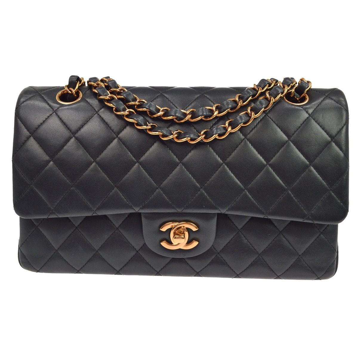 Chanel Classic Timeless Double Flap Quilted Lambskin Black Leather Handbag (Pre-Owned)