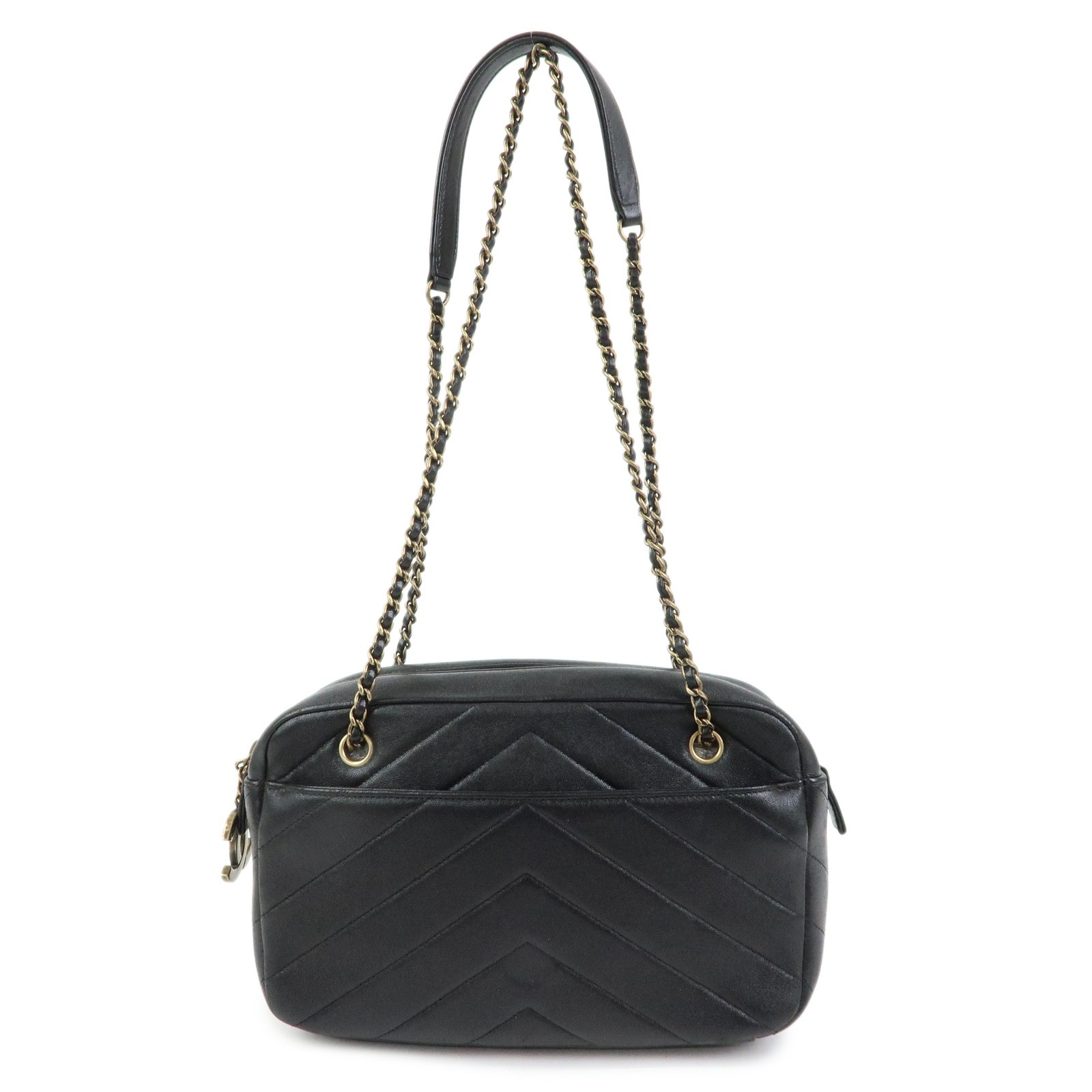 Chanel Camera Chevron Lambskin Black Leather Handbag (Pre-Owned)