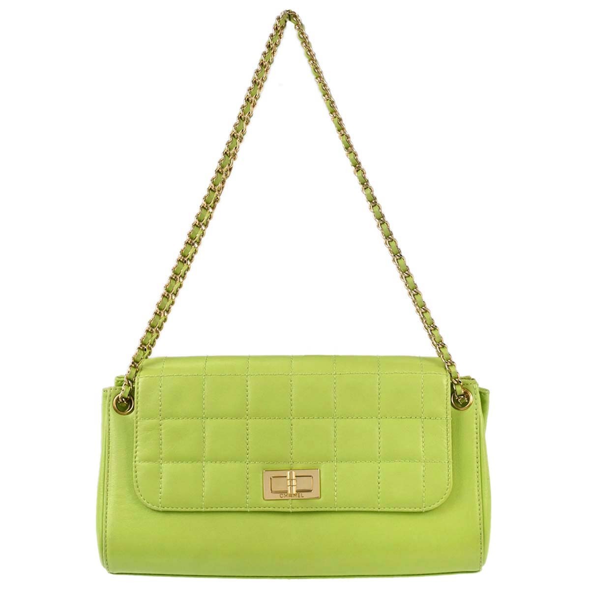 Chanel Chocolate Bar Mademoiselle Lock Chain Quilted Denim Green Leather Handbag (Pre-Owned)