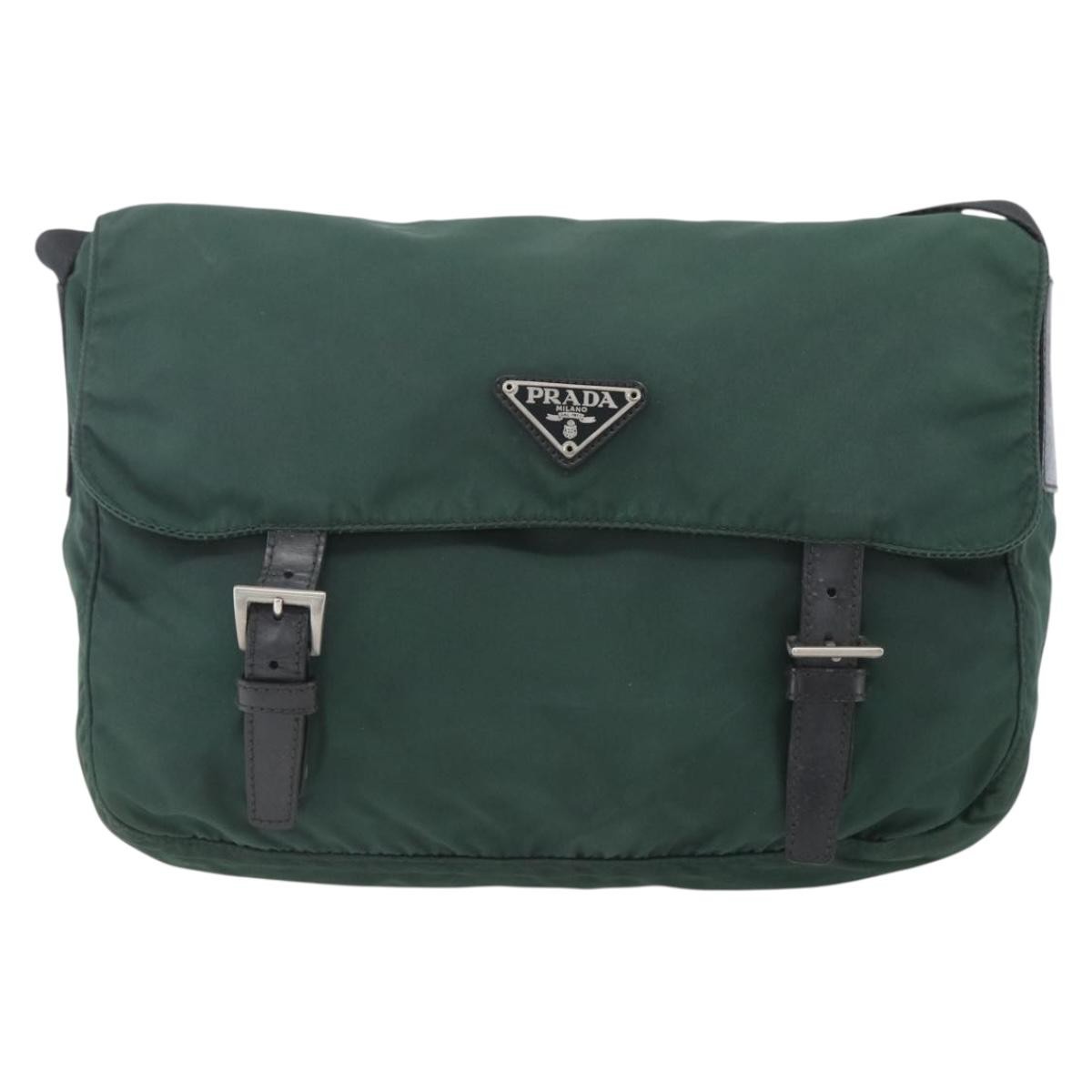 Prada Double Buckle Flap Messenger Tessuto Green Nylon Shoulder Bag Bag (Pre-Owned)